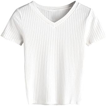 V Neck Ribbed Knit Crop Top Tee Shirt 