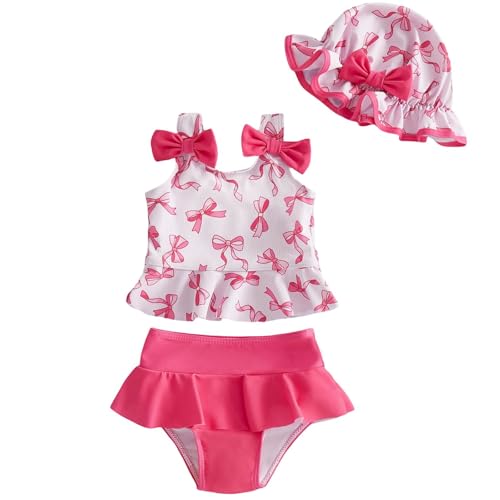 DivingBirds Baby Girl Swimsuit with Sun Hat, Toddler Girl 2-Piece Tankini Bathing Suit, Summer Beach Swimwear, Red Bow Print, 6-12 Months