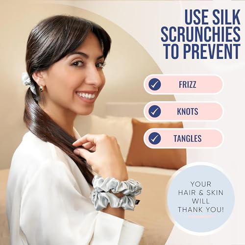 Image of Blissy Silk Scrunchies (3 Pack) - 100% Pure Mulberry Silk - 22 Momme 6A High-Grade Fibers Scrunchie for Straight & Curly Hair - Preventing Breakage, Tangling, & Creasing (Silver Regular)