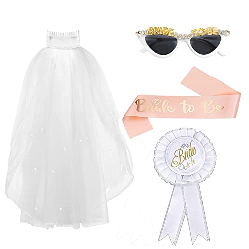 4 Pack Bride To Be Set Rhinestone Tiara With Comb, Badge, Bride To Be Satin Sash, Cat Eye Rhinestone Glasses For Bachelorette Party Supplies Bridal Gift #TOP24