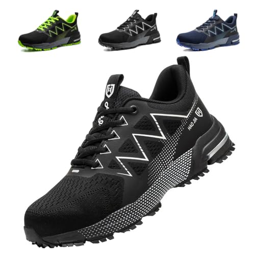 DRECAGE Arbeitsschuhe Herren Leicht Sicherheitsschuhe Damen Atmungsaktiv Stahlkappe Sportlich Schutzschuhe rutschfest Stahlkappenschuhe Schwarz 43 EU