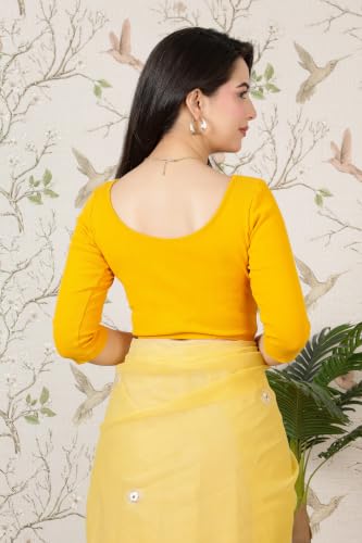 Image of Mlada V-Neck Stretchable Saree Blouse Top for Women | Slim Fit 3 /4th Sleeves Solid Cotton Blouses | Readymade Saree Blouses for Women Festive & Ethnic | Blouse Crop Top