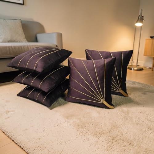 Image of Home Velvet Cushion Cover with Golden Stripes, Aqua Pack of 5, 16x16 to 26x26 Inch (Brown, 22x22in)