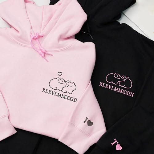 Custom Embroidered Frog Couple Matching Hoodies and Sweatshirts, Personalized 1st Anniversary and Valentine’s Day Gifts, Custom Couples Shirts, Anniversary Hoodie for Couples3