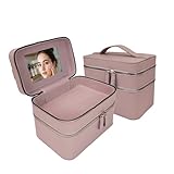 RCFJ b y K L A N D Hard Shell Double Layer Makeup Train Case with Mirror, Large Capacity Travel Cosmetic Organizer, Water-Resistant PU Leather Toiletry Bag for Women