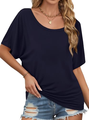 Image of Hilinker Womens Sexy Off The Shoulder Tops Short Batwing Sleeve T Shirt Oversized Casual Tee
