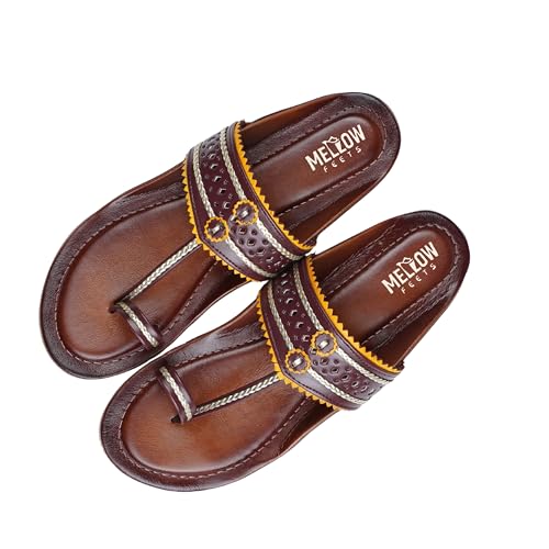 Image of Women's Kolhapuri Sandals - Handcrafted Leather Flats Chappals with Toe Ring, Comfortable Slip-On Ethnic Footwear with Embroidery & TPR Leather Sole