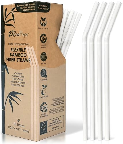 EcoPreps Flexible Biodegradable Bamboo Fiber Straws, 120 Count | 100% Compostable, Plastic-Free, Eco-Friendly Drinking Straws for Cold Drinks | 7.8'' Bendable, Disposable Bamboo Fiber Straw (120 PCS)