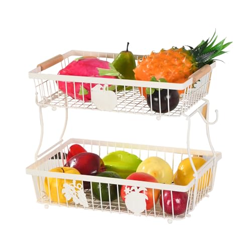 Lawhood-Mijin Cesta de frutas de 2 niveles con 2 ganchos de plátano, soporte de frutas para encimera de cocina, organizador de almacenamiento de verduras de alambre de metal desmontable, para pan,