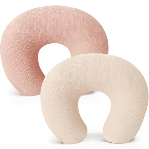 Image of Konssy 2-Pack Muslin Nursing Pillow Covers, Soft & Adorable Nursing Covers for Breastfeeding Pillows, Slipcovers for Newborn Boys & Girls(Cream, Pink)