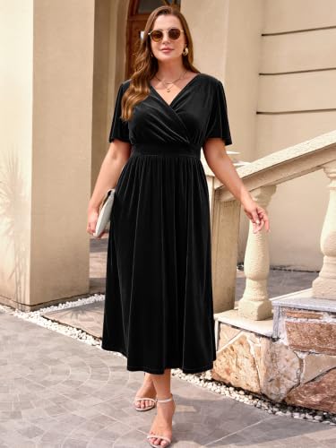 Image of BELAROI Plus Size Velvet Dresses Cocktail Party Fall Midi Dress with Pockets Wrap V Neck Empire Waist Short Sleeve L-4XL