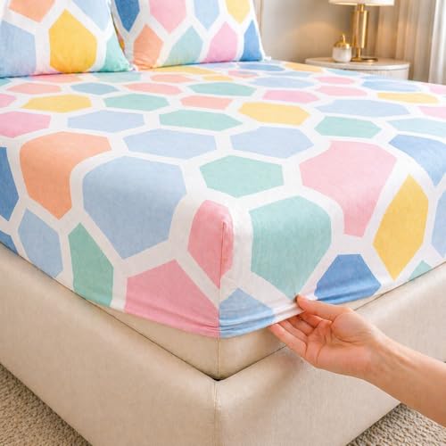 Image of Castiqa Elastic Fitted Supersoft Premium Brushed Cotton 200TC King Size Bedsheets with 2 Pillow Covers (Fits Upto Mattress of 10 Inches) (King (72x78), Hexa)
