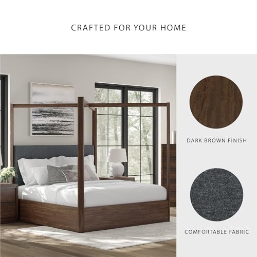 Image of Signature Design by Ashley Kendamor Modern Canopy Bed with Upholstered Headboard, Foundation or Box Spring Needed, California King, Dark Brown