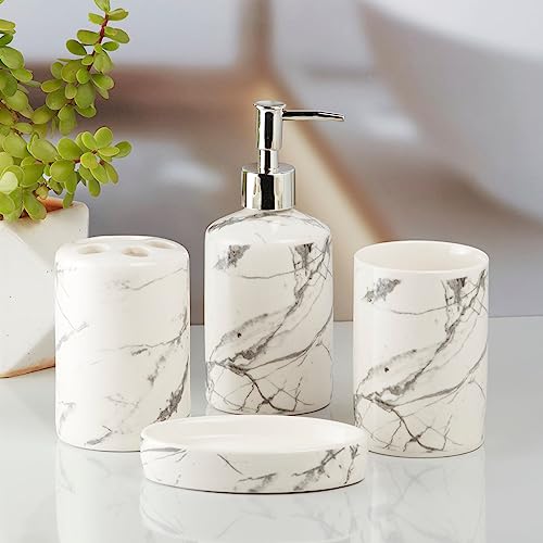 Image of SaSaSa Ceramic Bathroom Accessories Set of 4 Modern Bath Set with Soap Dispenser & Toothbrush Holder, Luxury Home & Gift Idea, White /Grey (8074)