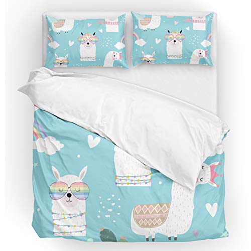 U LIFE Bedding Duvet Cover Set Queen Size 3 Piece Set 1 Quilt Cover and 2 Pillow Cases Shams Cute Llamas Camel Rainbow Blue for Kid Boy Girl Women Men