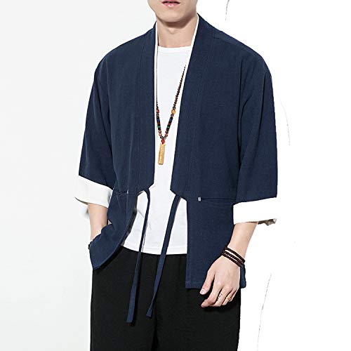 Image of Mens Japanese Kimono Cardigan Cotton Linen Haori Fashion 3 /4 Sleeve Yukata | Shawl Collar Kimono Jacket Robe Embroidery Patchwork Happi Coat Tie Pockets Lightweight Outerwear Daily Casual All Seasons
