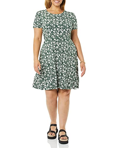 Amazon Essentials Vestido Acampanado con Cuello Redondo y Manga Corta Fruncida (Disponible en Tallas Grandes) Mujer, Verde Oscuro Floral, M