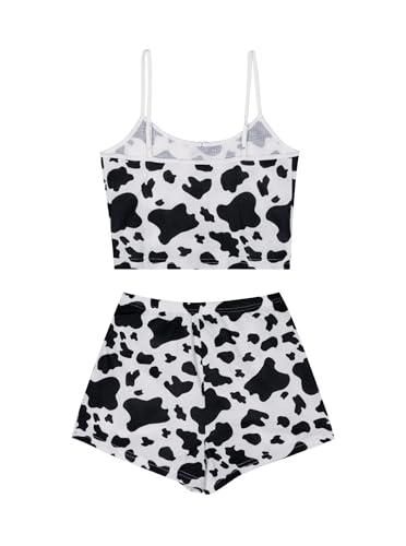 Image of Hilinker Womens Graphic 2 Piece Pajama Set Summer Cute Crop Cami and Shorts Ribbed Lounge Sets