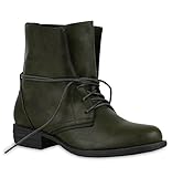 Damen Desert Boots Schnür Camouflage Stiefeletten Leder-Optik Blockabsatz Booties Muster Schuhe 127721 Dunkelgrün 38 Flandell