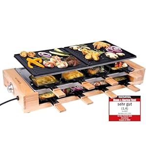 KLAMER Raclette Grill 8 Personen 1500 W mit Holzgestell & Parkdeck, Alu-Druckguss-Grillplatte antihaft, stufenlos regelbar, ILAG Beschichtung, Test „Sehr gut (1, 4)“, deutsche Marke Berlin