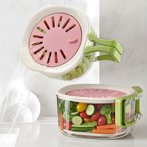 Fruit Vegetable Washing Bowl with Strainer, Berry Lettuce Keeper for Fridge Refrigerator Organization, Portable Colander for Kitchen Fridge, Drainer Container With Lid, 2 Pack (Pink)