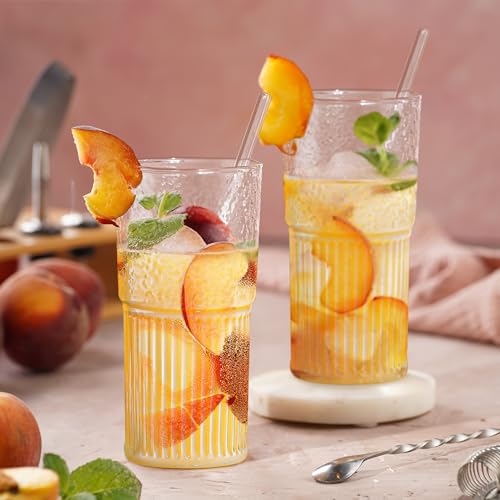 Joeyan 22 oz Glass Tumbler with Straw and Lid for Iced Tea Coffee Smoothie Water Juice Beverages Soda,Clear Borosilicate Glasses Cups,Ribbed Drinking Jar,Set of 2,Dishwasher Safe