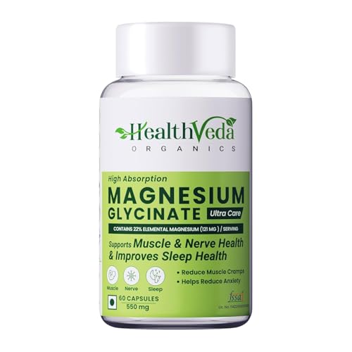 Heal.th Veda Organics Magnesium Glycinate Supplements, 550mg, 60 Veg Capsules, Muscle Support