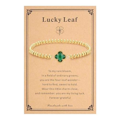morniface Green Clover Stretch Bracelet Lucky Charm Friendship Bead Jewelry for Women Dainty Gold Elastic Bracelets for Everyday Wear Handmade Gift for Her