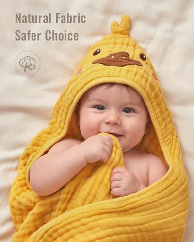 Image of Blissful Diary Muslin Baby Hooded Towel 2 Pack, Soft & Absorbent Bath Towel for Infant, Toddler, Unisex, Baby Gift, Newborn Essentials, Smart Bear & Sunny Duck
