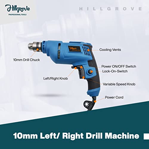Image of Hillgrove HGCM1089M2 All Purpose 500W Drill Machine with 5Pcs HSS Drill Bits for Making Holes in Metal /Wood /Concrete with Reverse Rotaion and Variable Speed Pistol Grip Drill (10 mm Chuck Size)