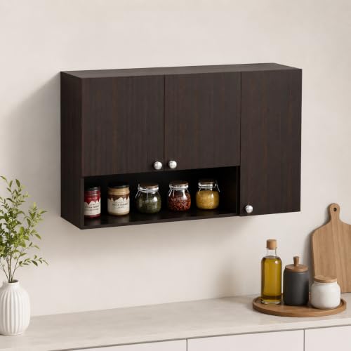 Image of FURNEASER Diana Wall Mounted Kitchen Cabinet with Doors & Open Shelves | Engineered Wood Wall Storage Cabinet for Kitchen, Dining Room & Utility | Modern Wall Organizer Cupboard (Wenge)