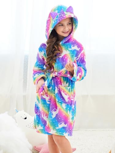Image of Doctor Unicorn Soft Hooded Rainbow Bathrobe Sleepwear for Girls