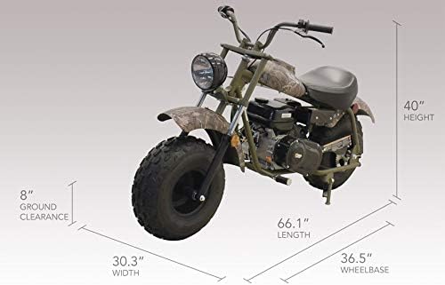 Diagram showing the dimensions of the Massimo Motor Warrior200 Mini Moto Trail Bike: 40" height, 66.1" length, 30.3" width, 36.5" wheelbase, and 8" ground clearance.