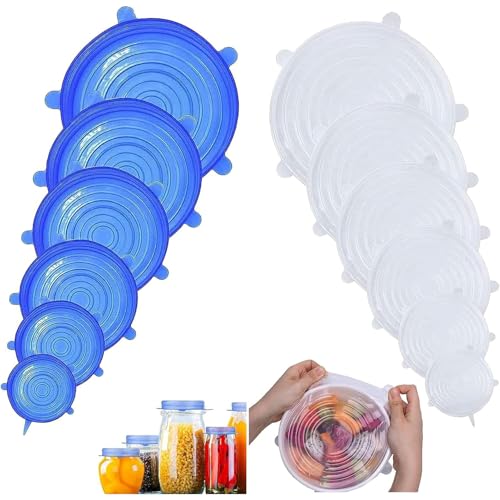 Silicone Stretch Bowl Covers 12 Pack Durable Eco-Friendly Reusable Heat Resistant Cat Can Covers Plastic Lids Blue and White Silicone Lids for Bowls and Containers