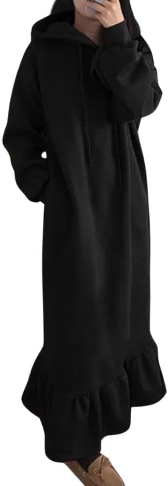chouyatou Women's Casual Long Sleeve Sweatshirt Dress Ruffle Hem Pullover Hoodie Maxi Dress with Pockets