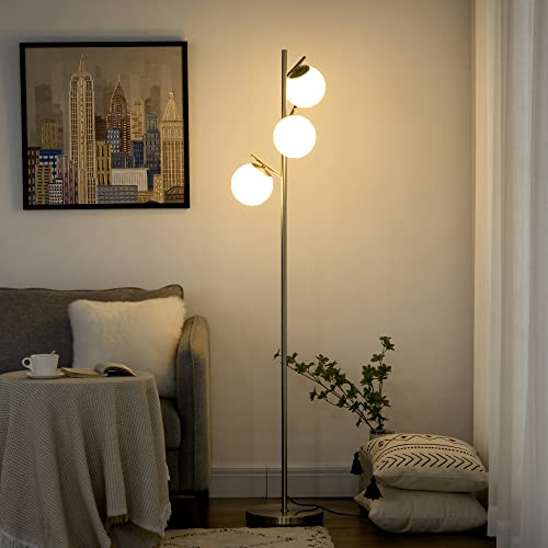 HOMCOM Lampada da Terra Moderna con 3 Punti Luce, Lampada a Piantana in Metallo e Vetro, Ø27x169cm, Argento
