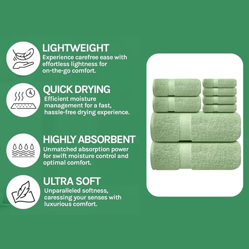 Image of Sulfar 100% Combed Cotton, 8 Pcs Towel Set - 2 Bath Towels (70 x 140 cm), 2 Hand Towels (40 x 70 cm) and 4 Face Towel (30 x 30 cm) (600 GSM, Pack of 8) Nature Green