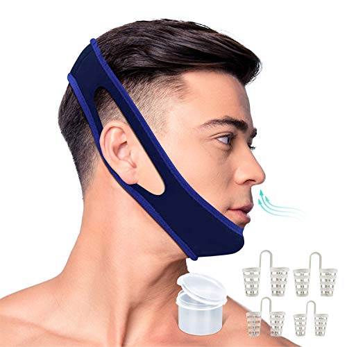 KS-HEALTH Anti Snoring Chin Strap and Snoring Solution Nose Vents-Adjustable Stop Snoring Sleep Aid for Men and Women-1 Chin Strap and Bonus 4 Set Nose Vents Snore Stopper