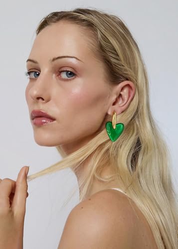 WOWORAMA Acrylic Resin Earrings for Women Green Red Heart Hoop Earrings Convertible Gold Chunky Hoops Lightweight Statement Dangles Earring