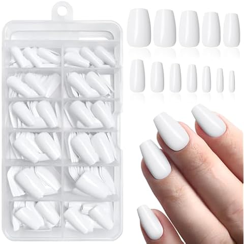 LuckForever 240pc Coffin Press on Nails Medium Fake Nails White Glue on Nails Short Ballerina Coffin Nails Press ons Acrylic Nails False Nails Full Cover Artificial Fingernails with Adhesive Tabs Cover