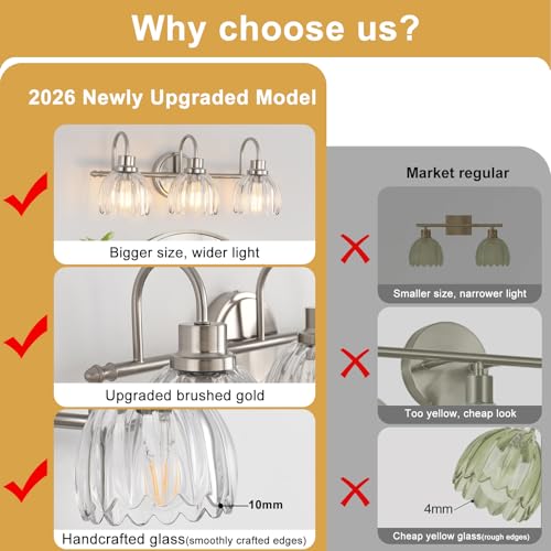 Image of Bathroom Light Fixtures (3-Light, 20 Inch), Brushed Nickel Vanity Lights for Bathroom with Ribbed Clear Tulip Glass Shade, Vintage Vanity Wall Lights for Mirror Bedroom Living Room Hallway