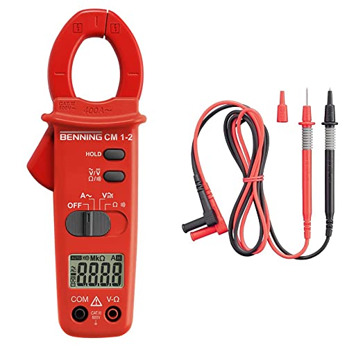 Benning CM 1-2 Digital- Stromzangen-Multimeter (Anzeige digital, Strommessbereich/AC 0.1 A - 400 A, 3 ½-stellige LCD-Anzeige) 44062 & Sicherheitsmessleitungen mit 2 mm Messspitze,044146, Rot/Schwarz