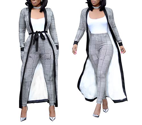 Womens 2 Piece Print Outfits Clubwear Long Sleeve Open Cardigan Pants Set Gray Size Xl #TOP6