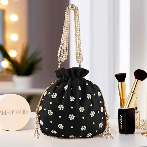 Image of Kuber Industries Potli Bags for Ladies & Girls | Women Shagun Pouches for Festive Seasons | Batwa Bag Bridal Purse With Moti Design - Black