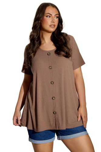 Image of Yours Curve Mocha Brown Button Front Ribbed Swing Top - Women's - Plus Size Curve