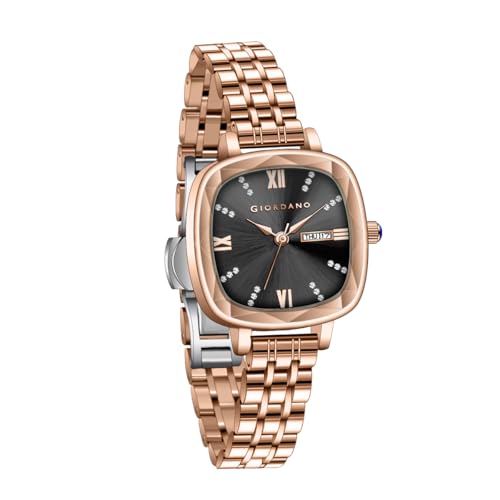 Image of Giordano Elegant Square Rose Gold Watch for Women - Crystal & Roman Hour Markers, Day-Date Display, Stainless Steel Strap