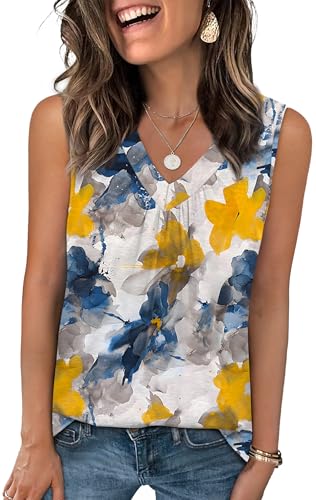 OFEEFAN Tank Top for Women Loose Fit Sleeveless Shirts V Neck Summer Clothes Ruched Women's Tees and Tanks Curved Hem