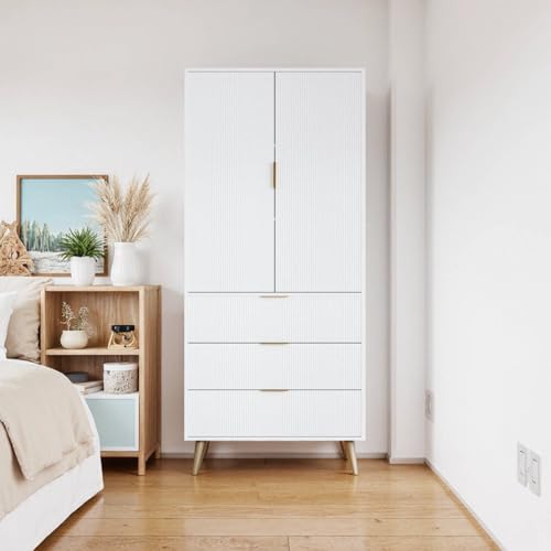 Image of Fluted Tall Cabinet, Kitchen Pantry Cabinet with Adjustable Shelves, Wood Cupboard with 3 Drawers 2 Doors, Mid Century Modern Cabinet for Living Room Dining Room Entryway Office, White