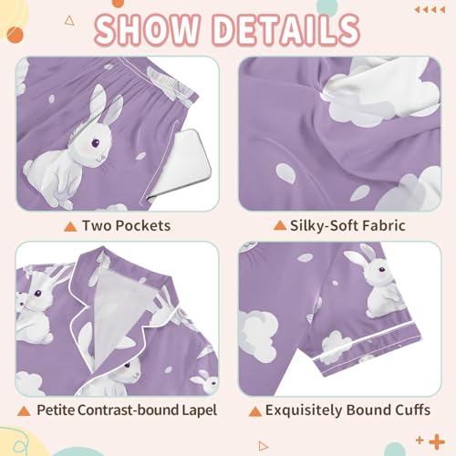 senya Cloud with Rabbit Purple Satin Summer Pajama Sets Silk Short Sleeve Button Down Sleepwear3