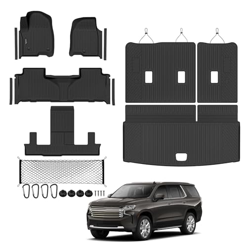 Tongama-Floor Mats for 2021-2026 Chevy Tahoe/GMC Yukon/Cadillac Escalade 7 Seats(Not for Escalade ESV/Yukon XL) All Weather TPE Trunk Mat & 3rd Row Backrest Mats & Cargo Net & Door Sill Guards